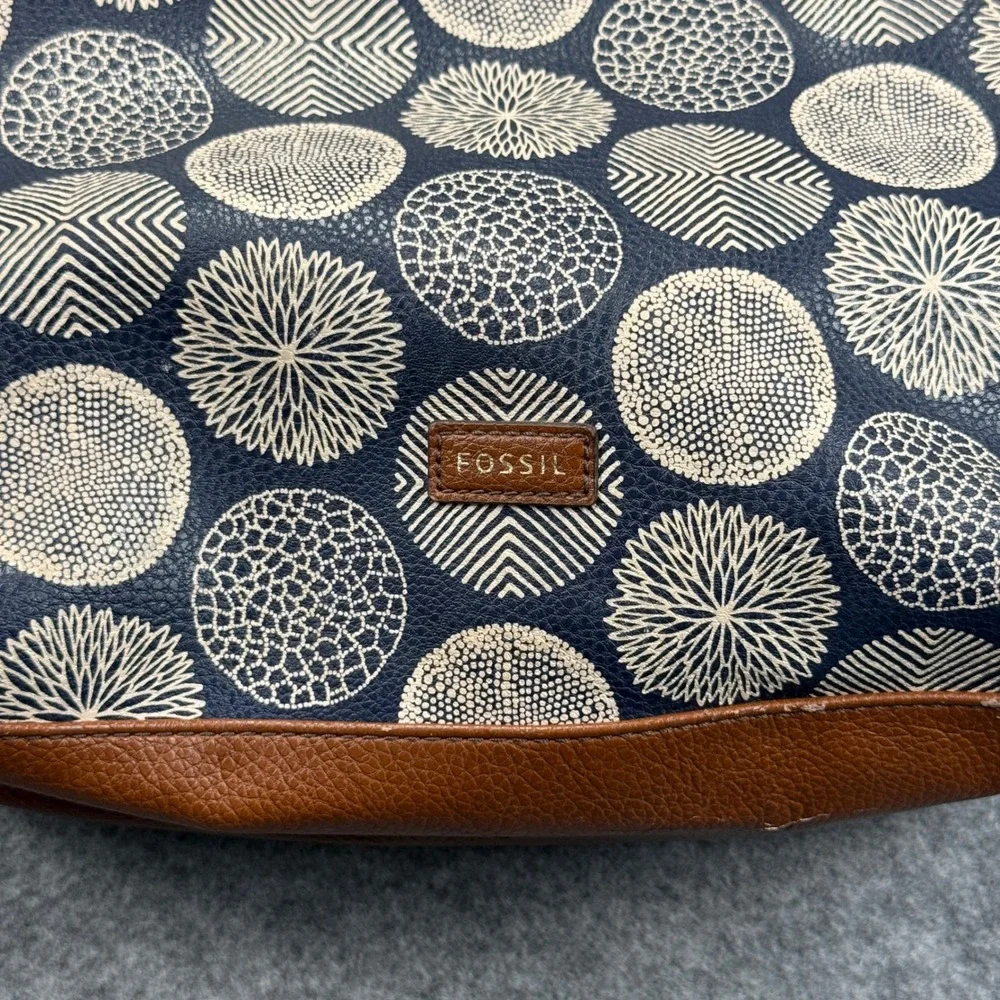 Fossil Navy Cream Geometric Circle Print Tote Bag Brown Leather Trim‎ Large